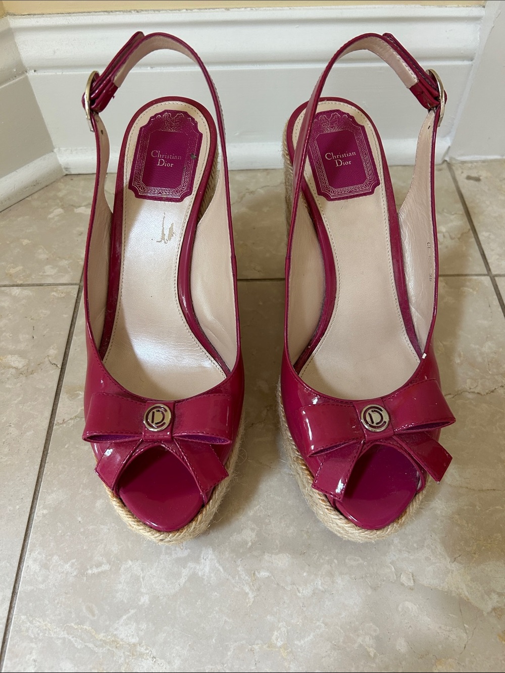 Dior Fuchsia Patent Leather Peep-Toe Espadrille Wedges